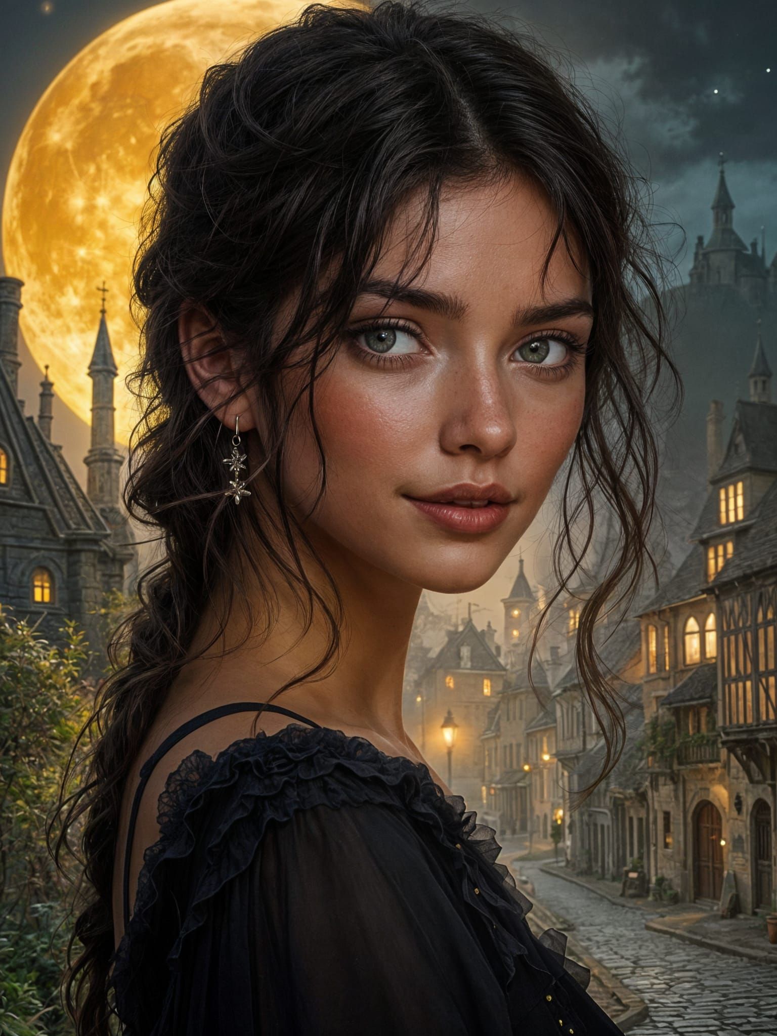 Moonlit Medieval Woman with Mischievous Gaze