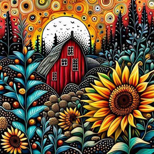 Wild Cabin Garden Painting in Mixed Media Style