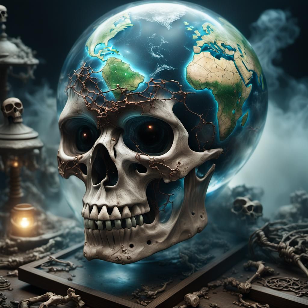 Ethereal Earth Globe on Skull: Dark Fantasy Art