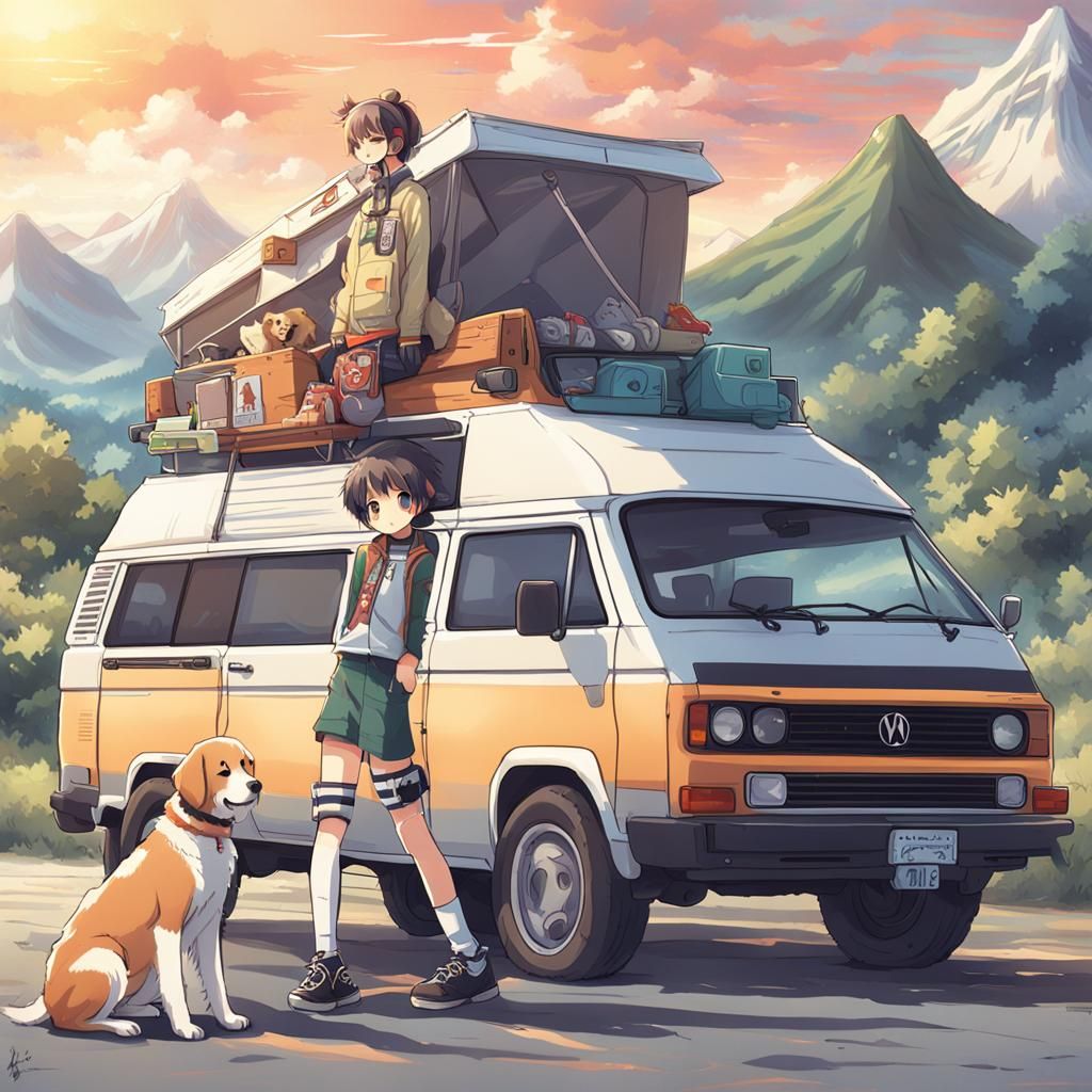 Anime Gamer Girl with Dog in Westfalia Van