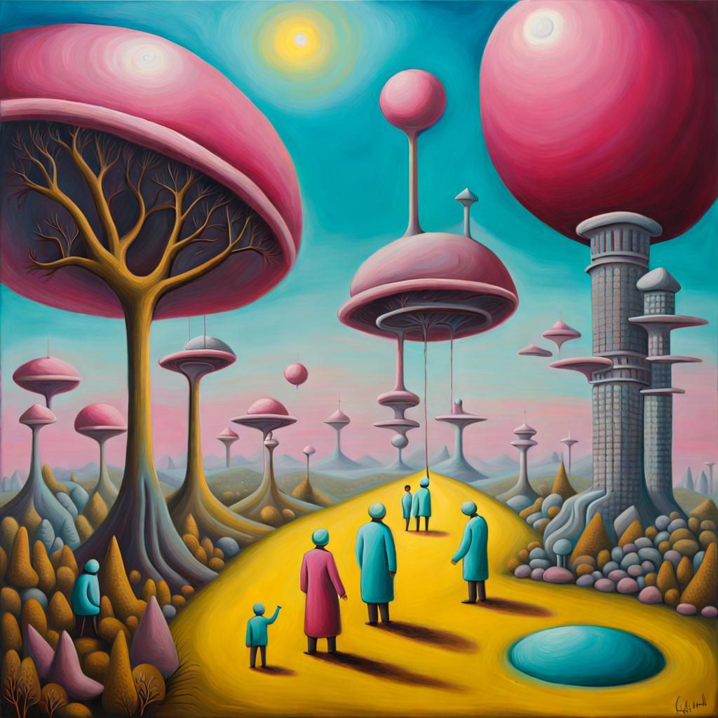 Surreal Future Vision in Naive Art Style
