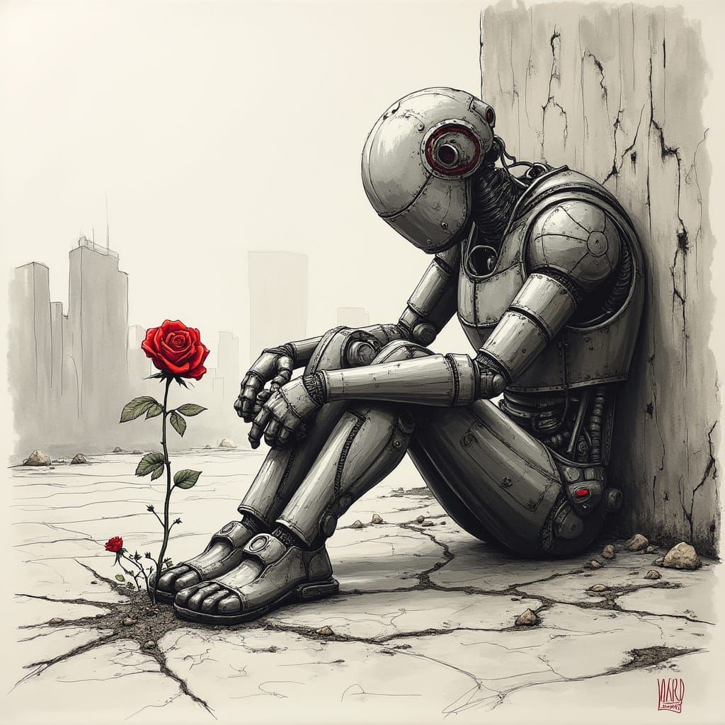 Melancholic Robot in Desolate City, Charcoal and Ink Style
