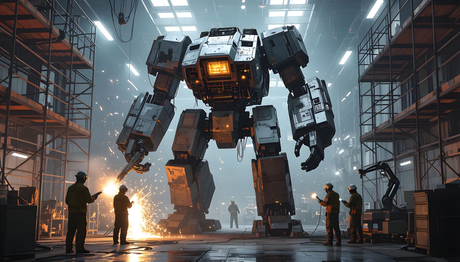Battle Mech Repair in Gritty Sci-Fi Hangar