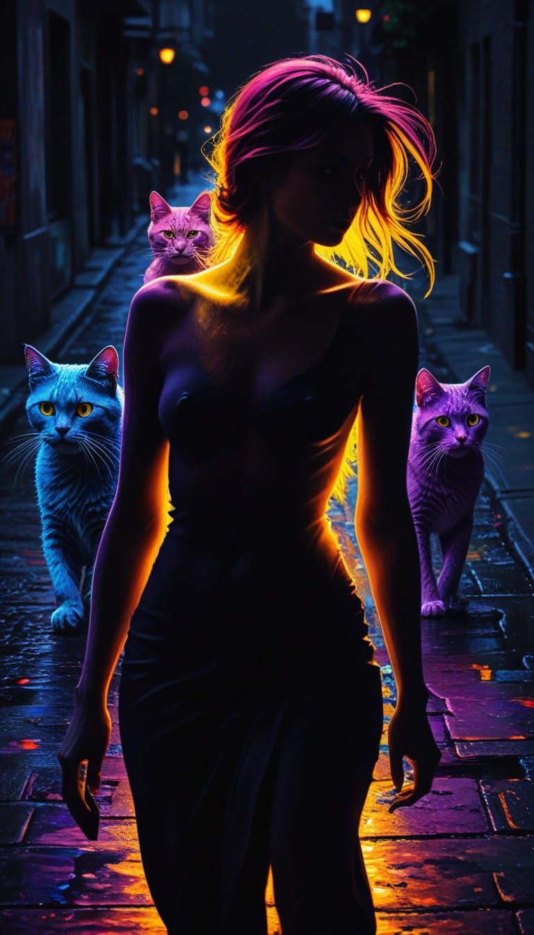 Vibrant Urban Felines Stroll Down City Street in Impressive....