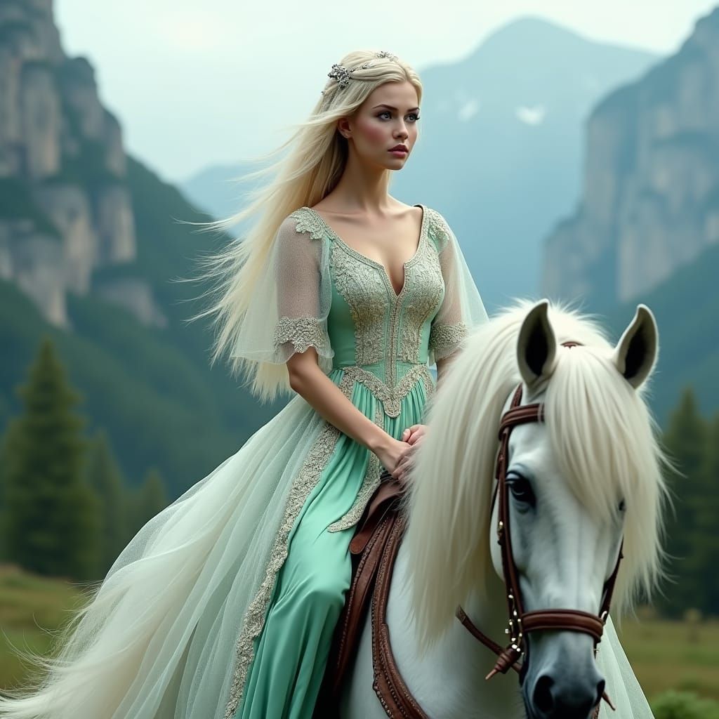 Hyperrealistic Blonde Woman on White Horse in Sweden