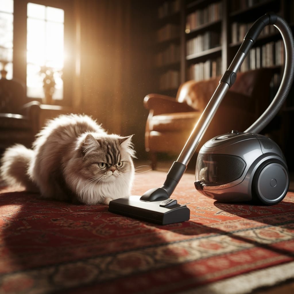 Cat vs Vacuum: A Tense Standoff in Golden Light