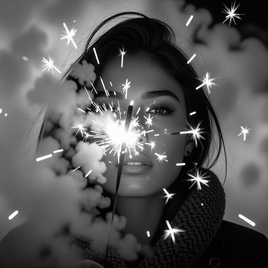 Explosive Firework Portrait in Gritty Black and White