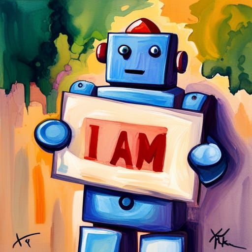 Robot Holding Sign in Gouache Watercolor Style