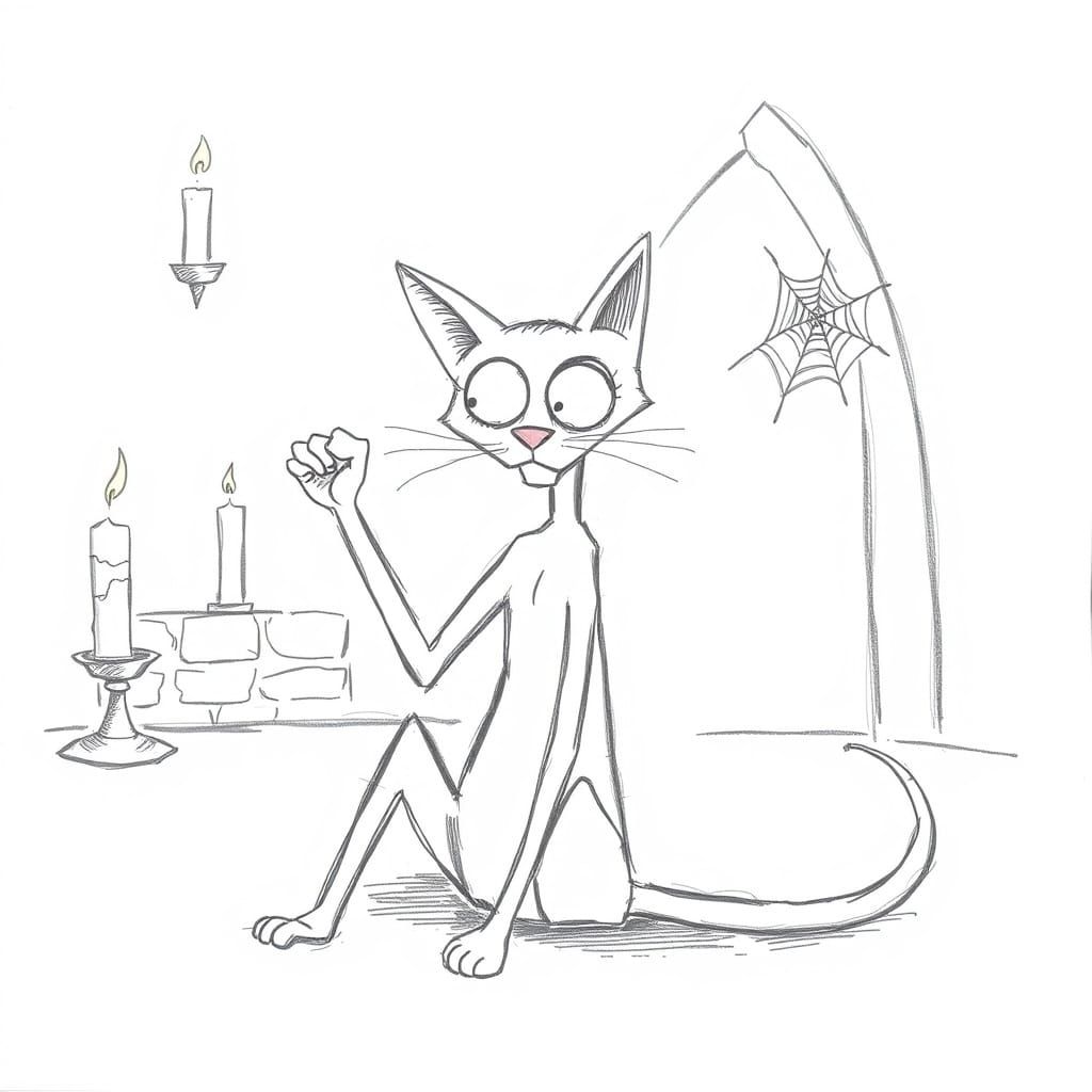 Funny Pencil Drawing of a Skinny Cat in Dracula's Castle