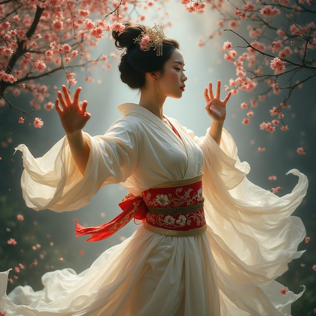Ethereal Geisha Dance Poster in Dark Fantasy Realm