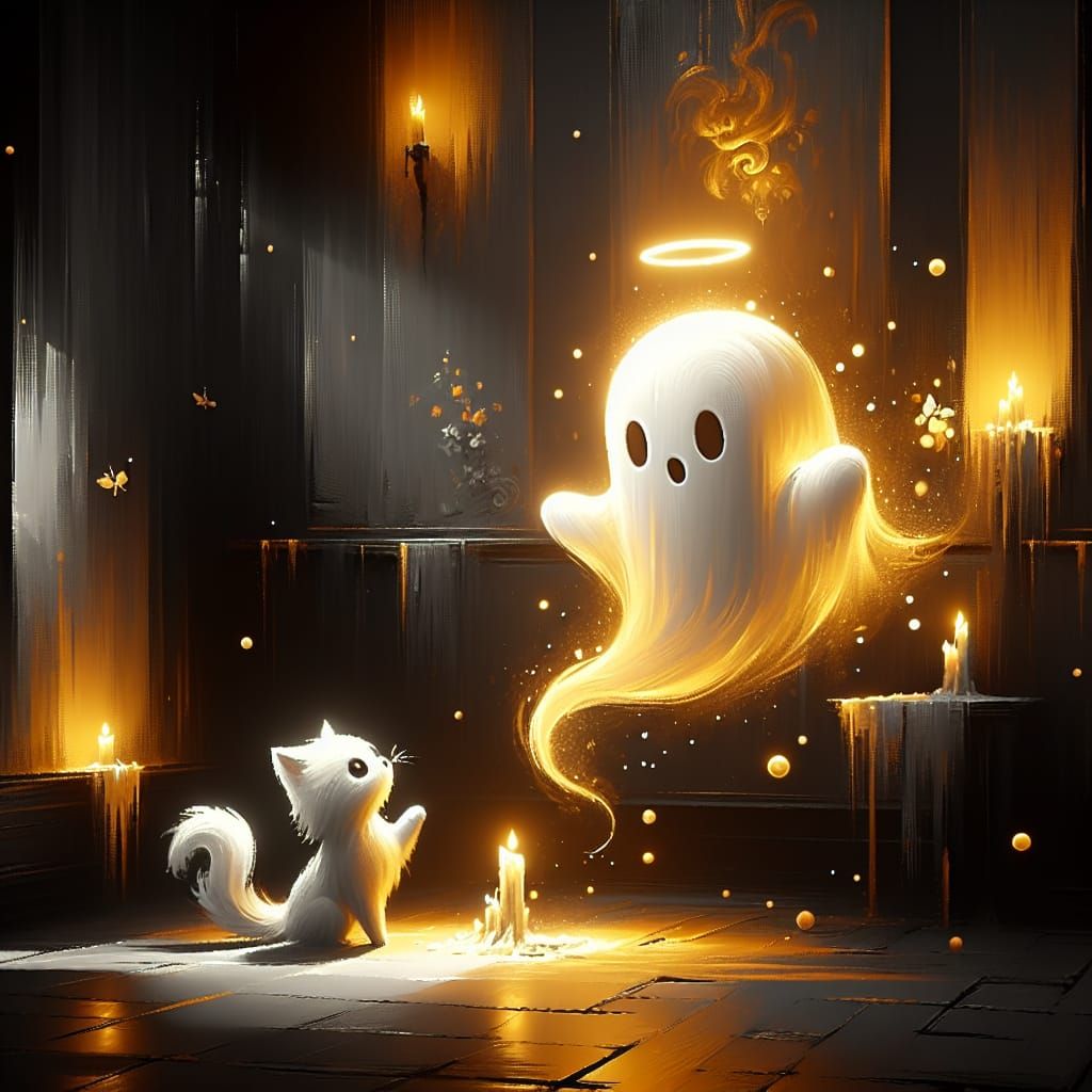 Cute Ghost and Cat Play in Dark Room