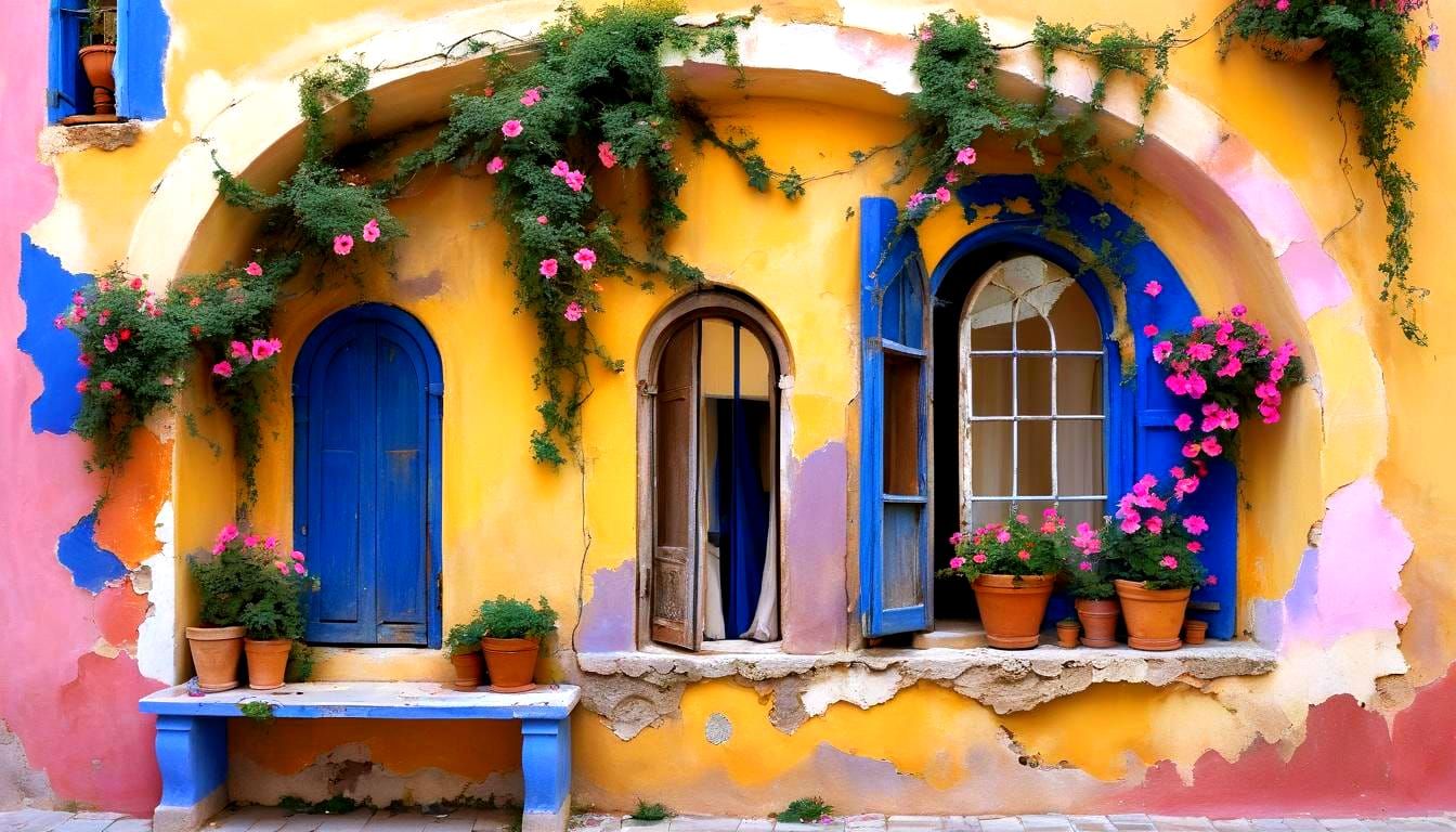 Decaying Mediterranean Window with Petunias: Daeni & Whitwor...