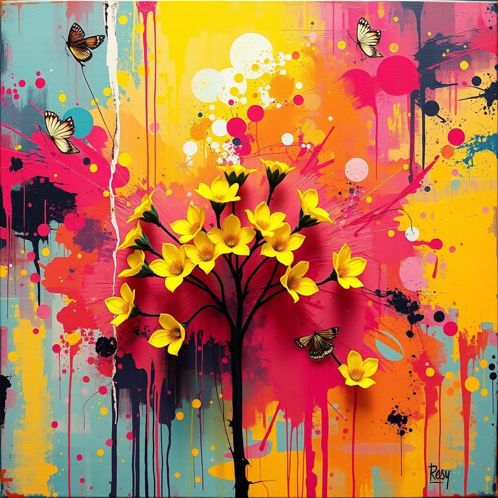 Polychromatic Canvas with Yellow Flowers in Street Art Style