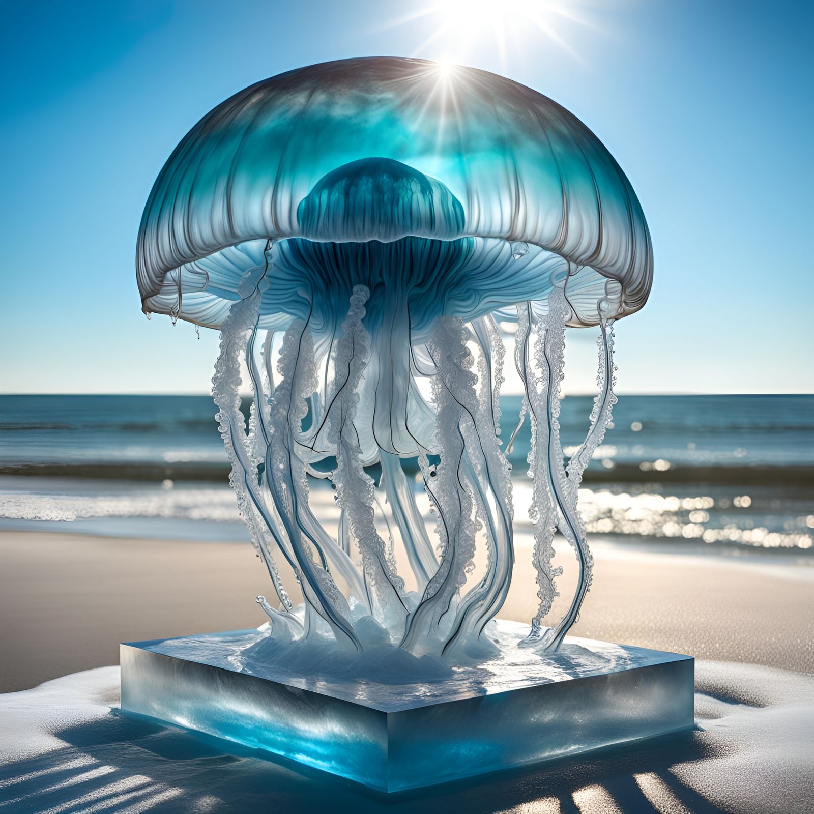 Hyperrealistic Ice Jellyfish Sculpture on Beach