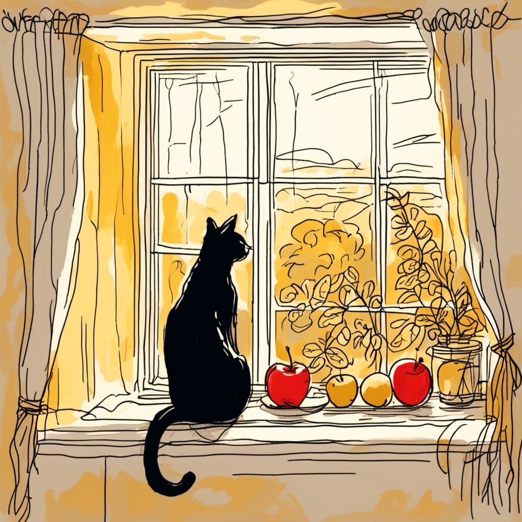 Stick Figure Cat and Pie in Sunlight