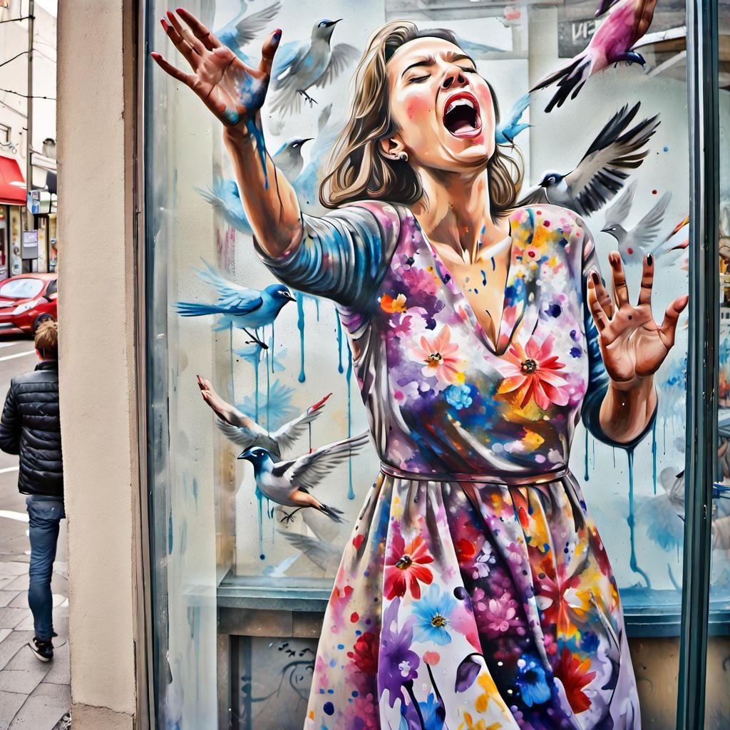 Woman Trapped Behind Glass: Graffiti Street Art