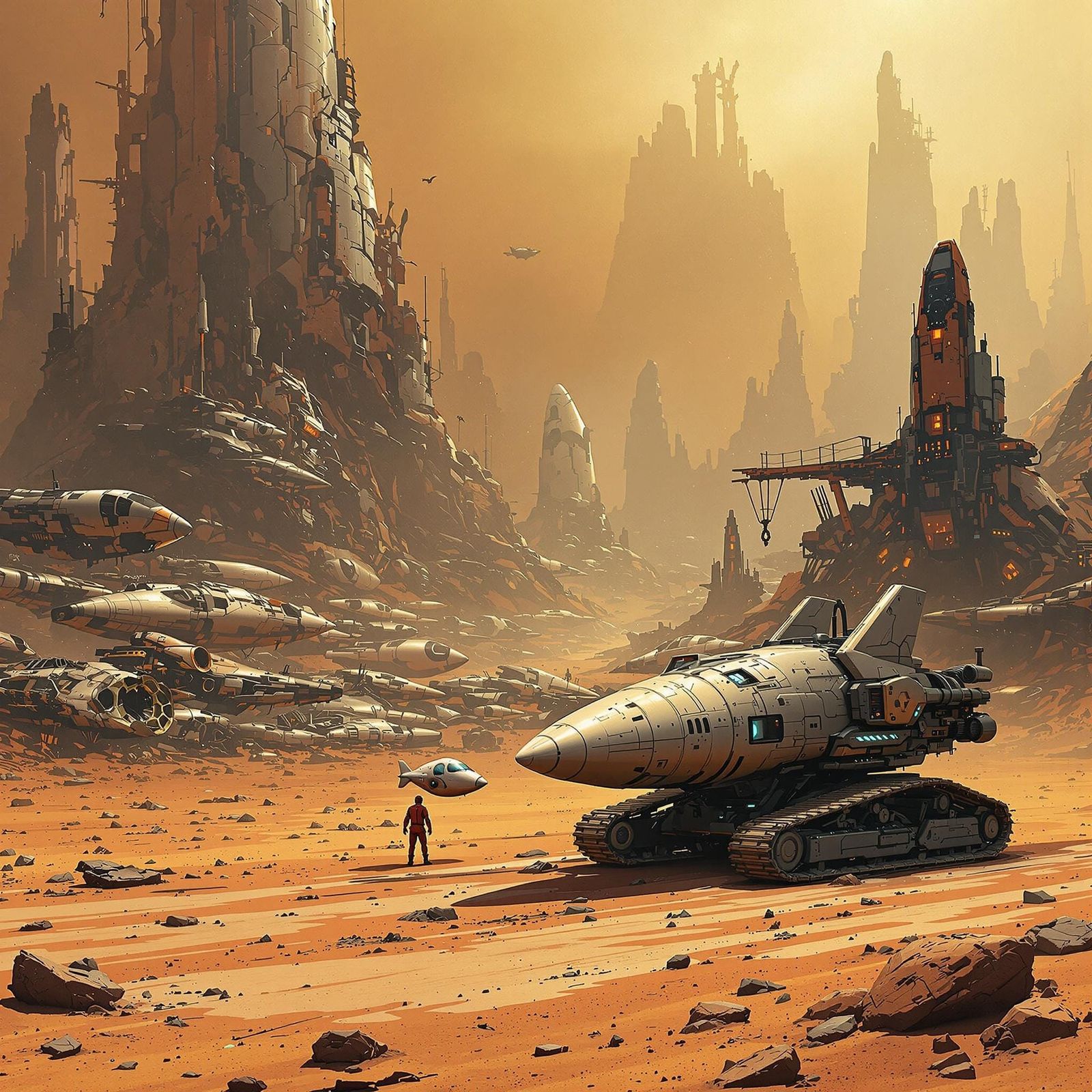 Martian Spaceship Junkyard in Cyberpunk Style