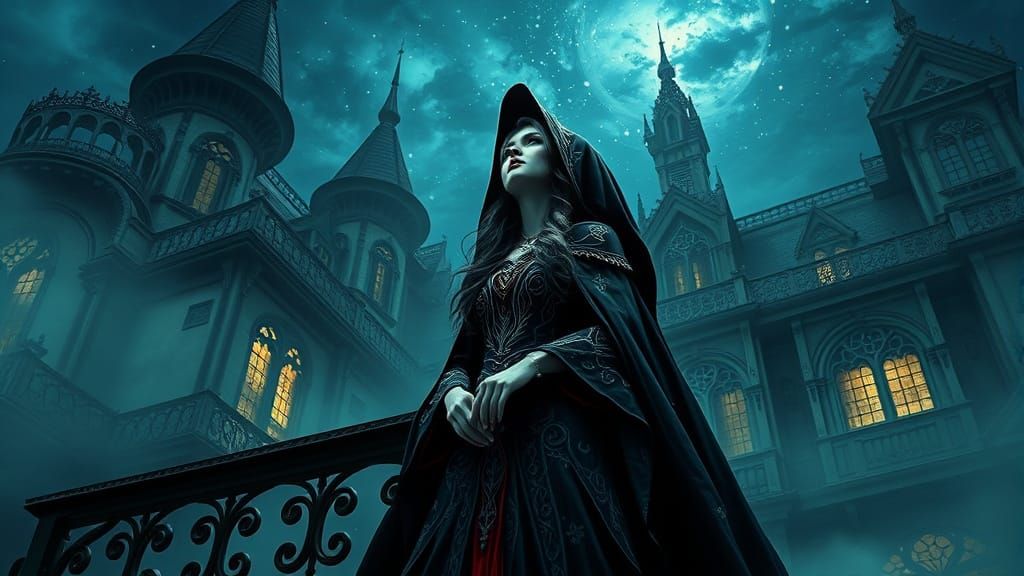 Wizard Woman Gazing at Stars in Gothic Setting