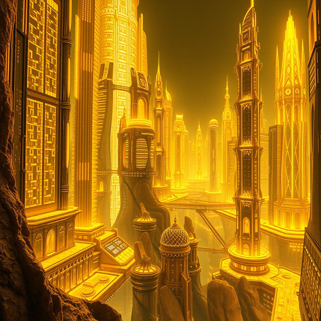 Golden Bioluminescent City of the Future: Epic Artwork