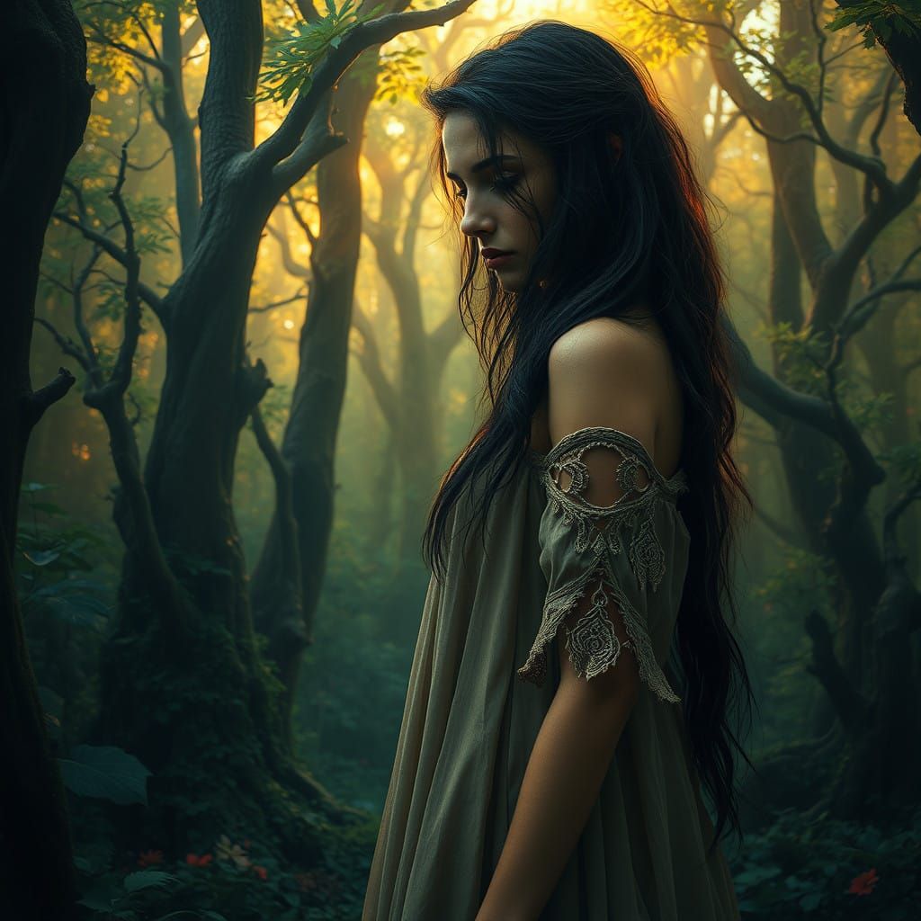 Melancholic Beauty in a Gnarled Forest