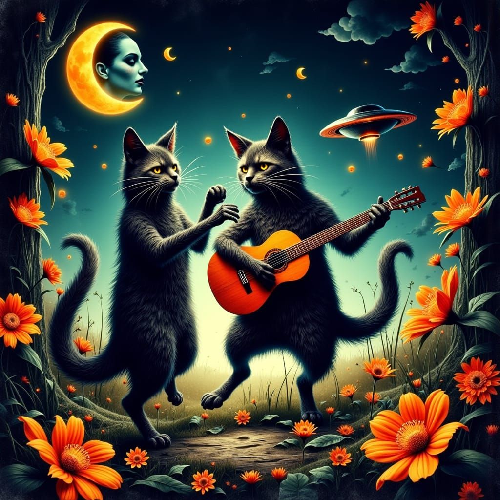 Anthropomorphic Cats Dance Under a Crescent Moon