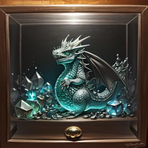 Miniature Dragon in Glass Jewelry Box: Charcoal Art