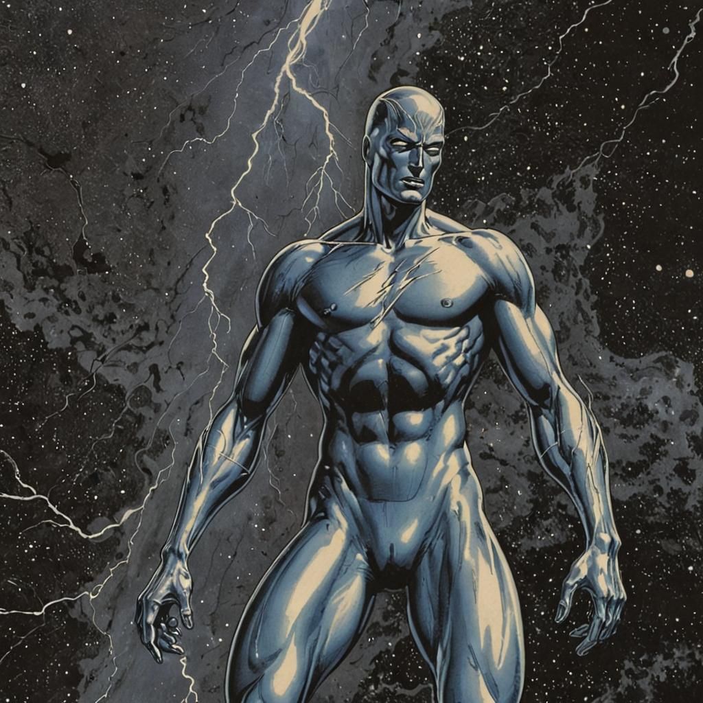 Silver Surfer Soaring Through Starry Lightning