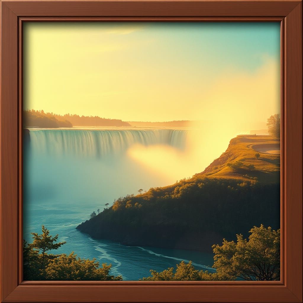 Golden Niagara Falls Scene in Distressed Vintage Frame