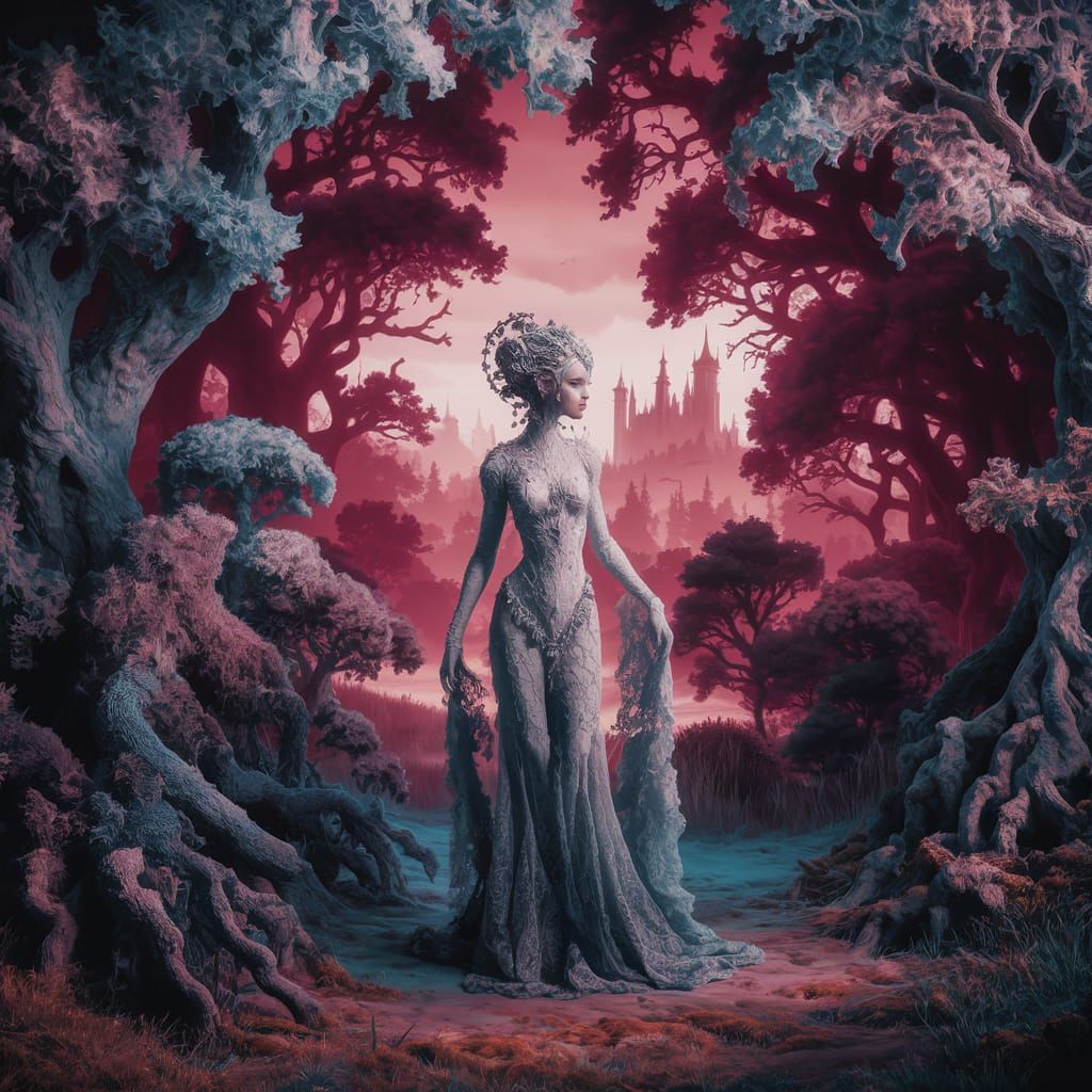 Lace Woman in Deep Color Forest: Fantasy Art