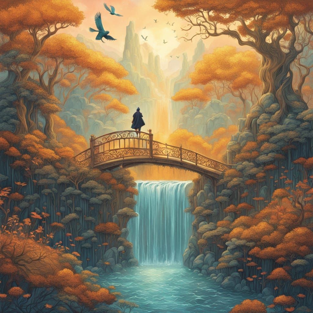 Dreamlike Figure on Bridge in Mystical Realism
