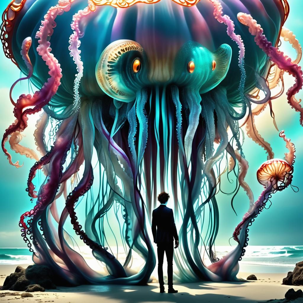 Man Hugs Jellyfish on Beach in Burton-esque 3D