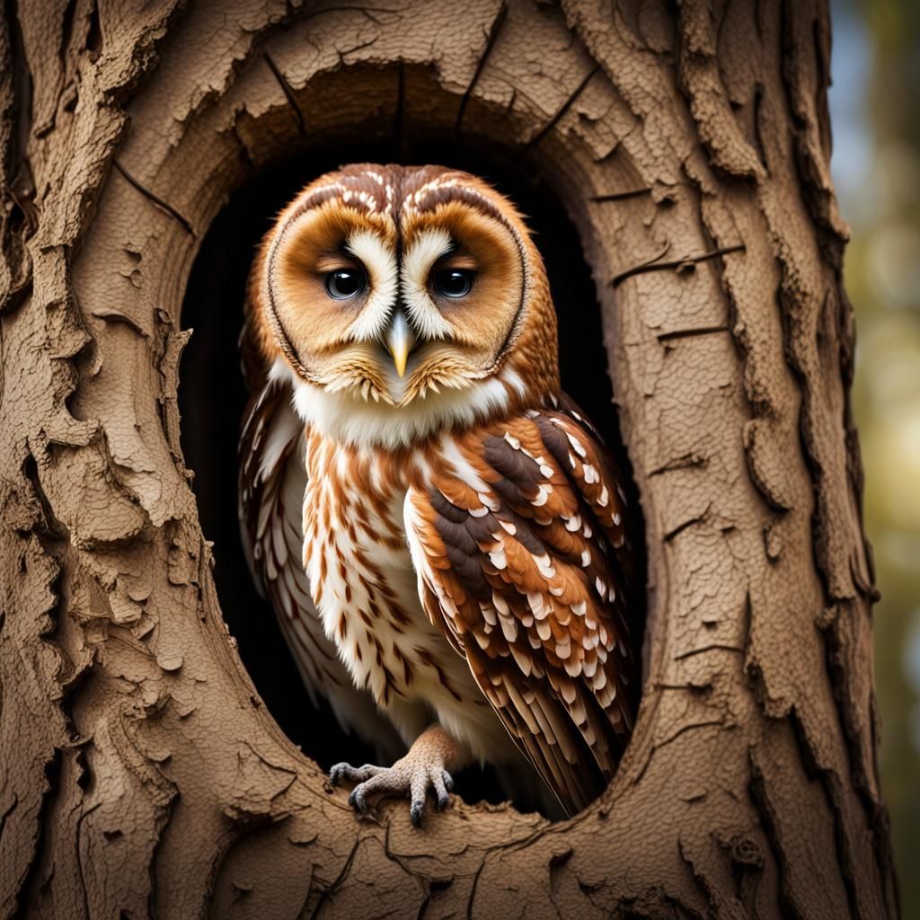 Tawny Owl in Tree Hole, Digital Matte Painting