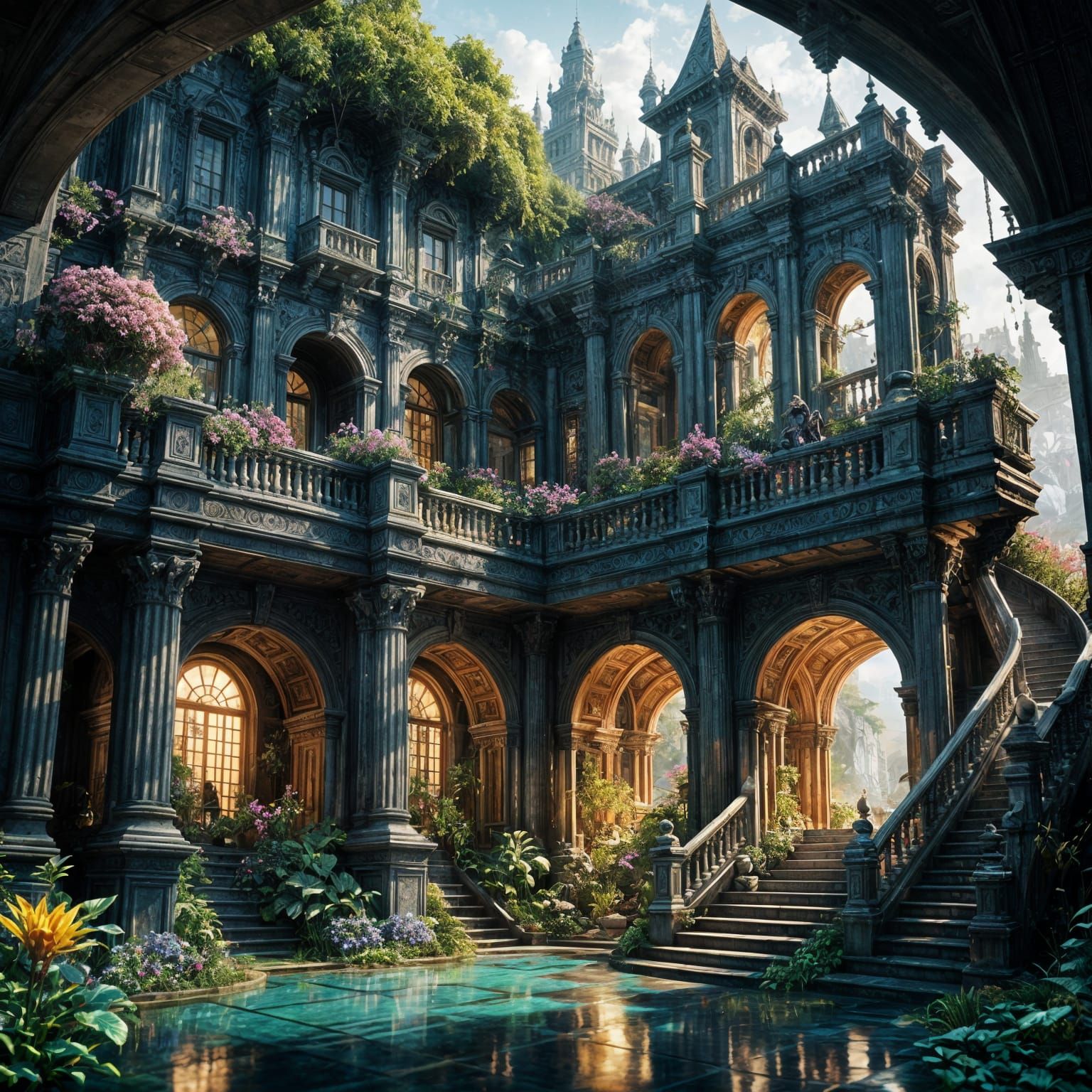Surreal Garden Sanctuary with Impossible Architecture