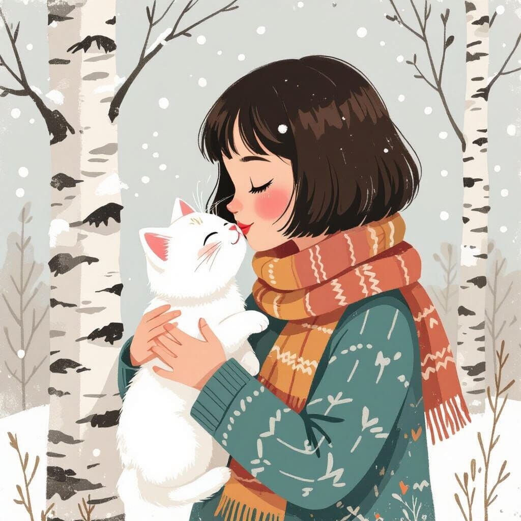 Girl Kisses Kitten in Whimsical Winter Scene