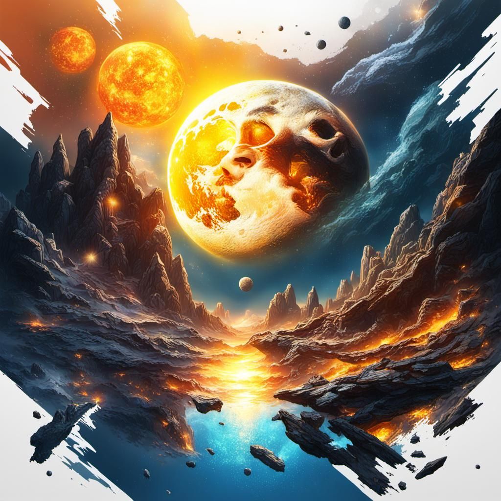 Chaotic Celestial Scene in Hyperrealistic Splash Art