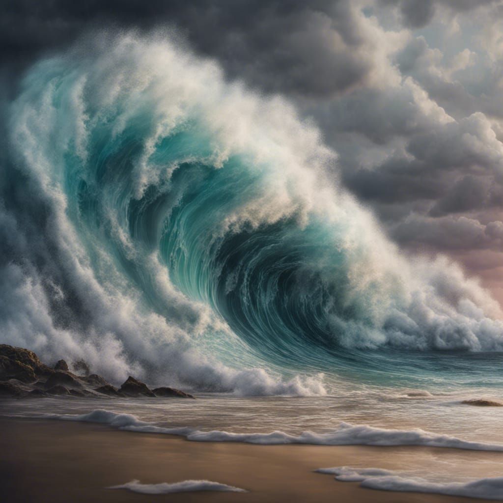 Powerful Wave Crashing Ashore: Hyperdetailed Concept Art