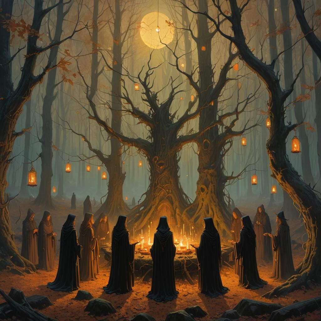 Witches' Coven in Autumnal Forest, Fantasy Art