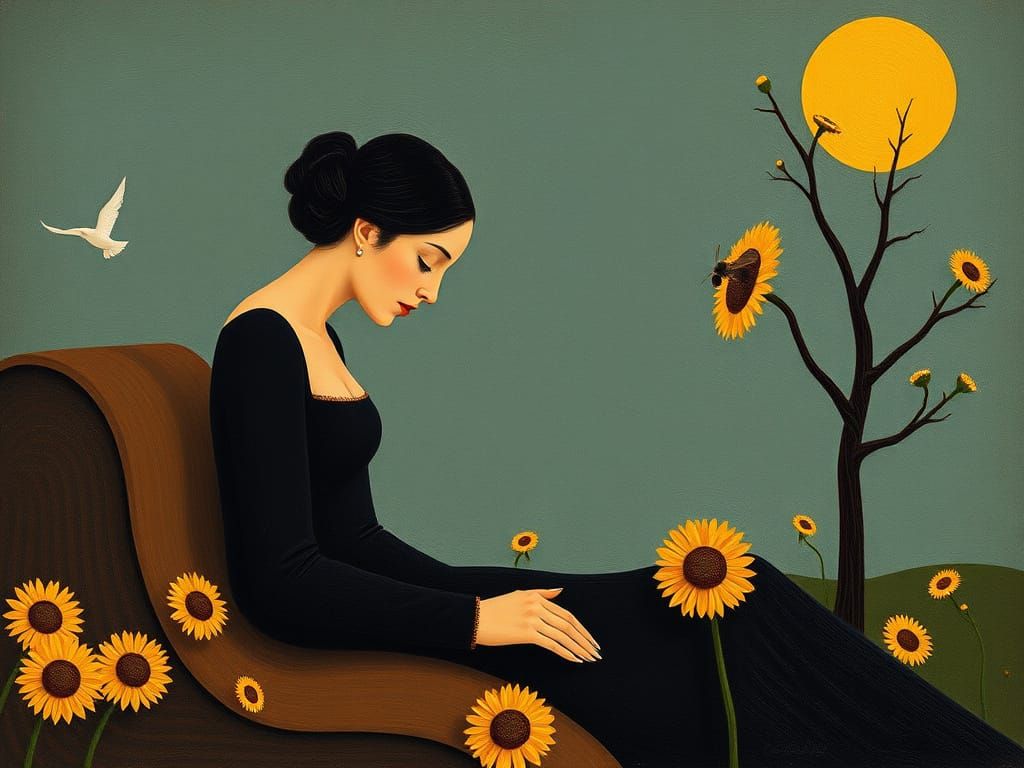 Elegant Figure with Symbolic Details in Modernist Style