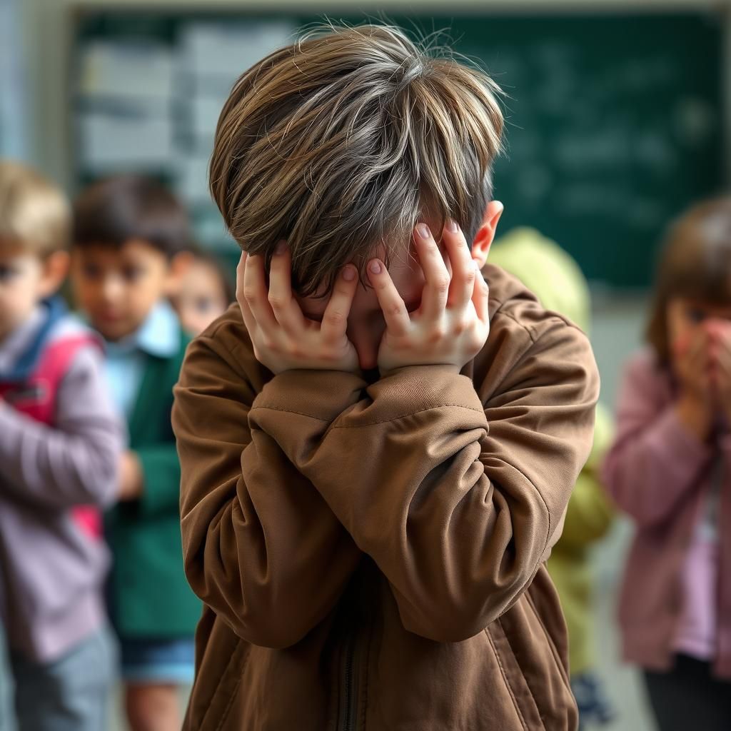 Boy Shelters from Invisible Threat in Schoolyard