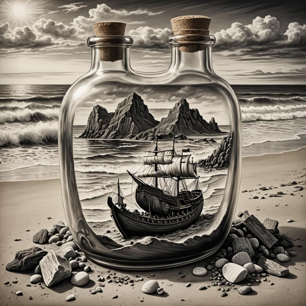 Viking Ship in a Bottle Charcoal Drawing