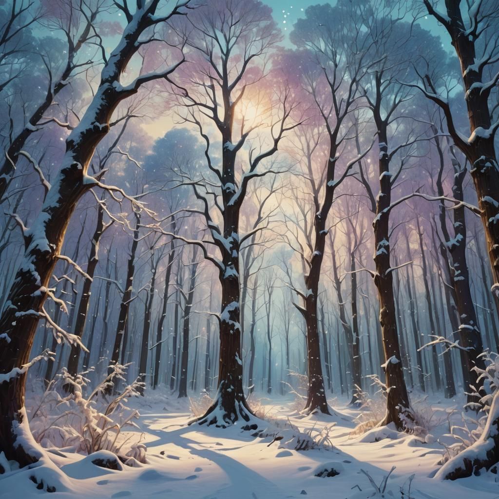 Enchanting Winter Forest with Ethereal Glow as Oil Painting