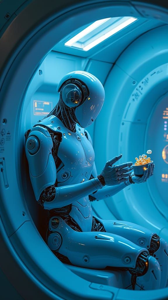 Humanoid Consuming Nutrients in Futuristic Cryo-Pod