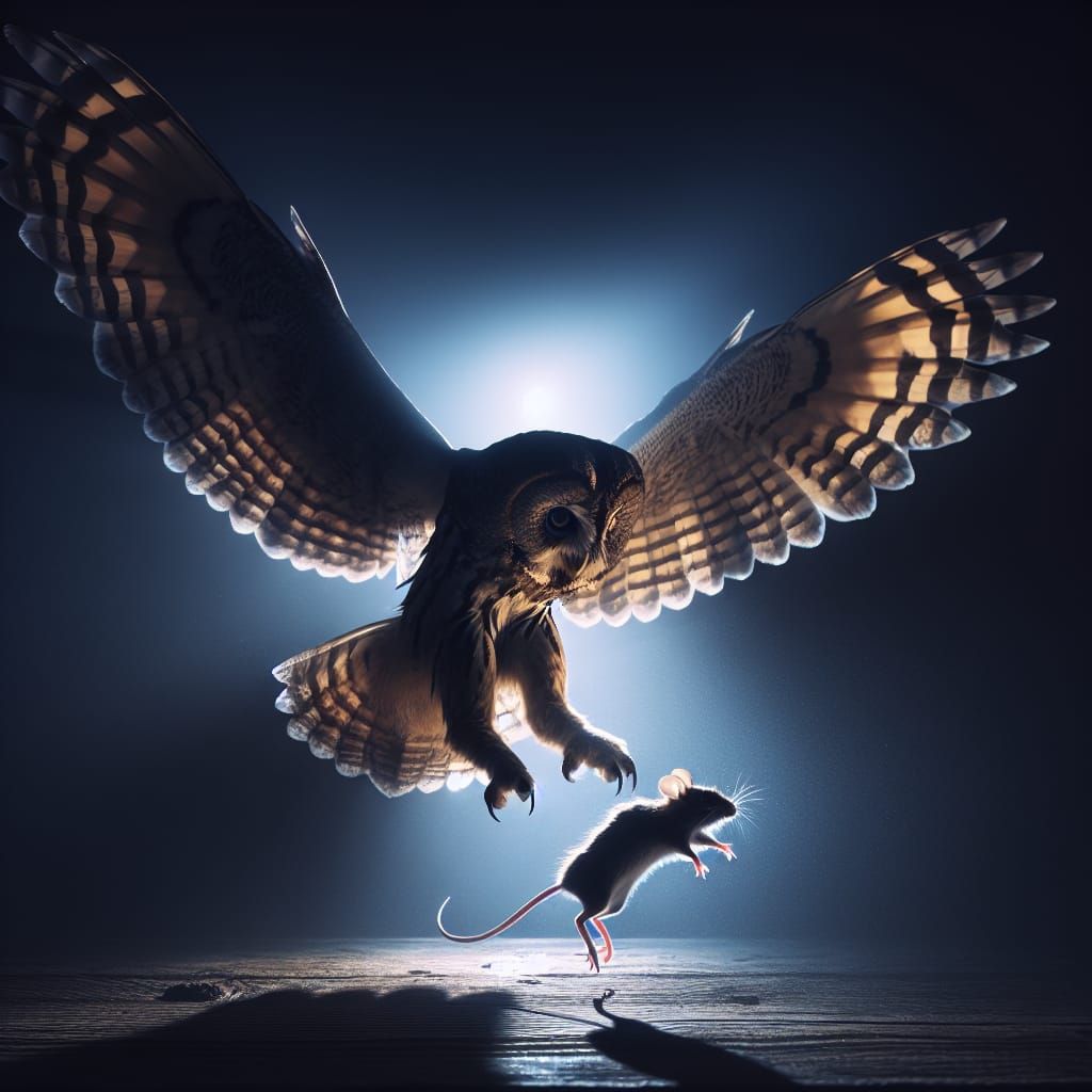 Owl Mid-Flight at Twilight with Mouse