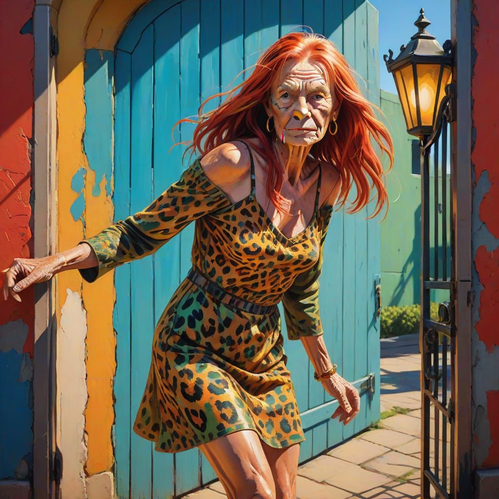Elderly Transvestite in Vibrant Leopard Print Mini-Dress