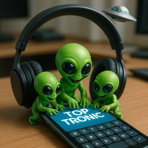 Mini Green Aliens Using Phone: Sci-Fi Digital Art