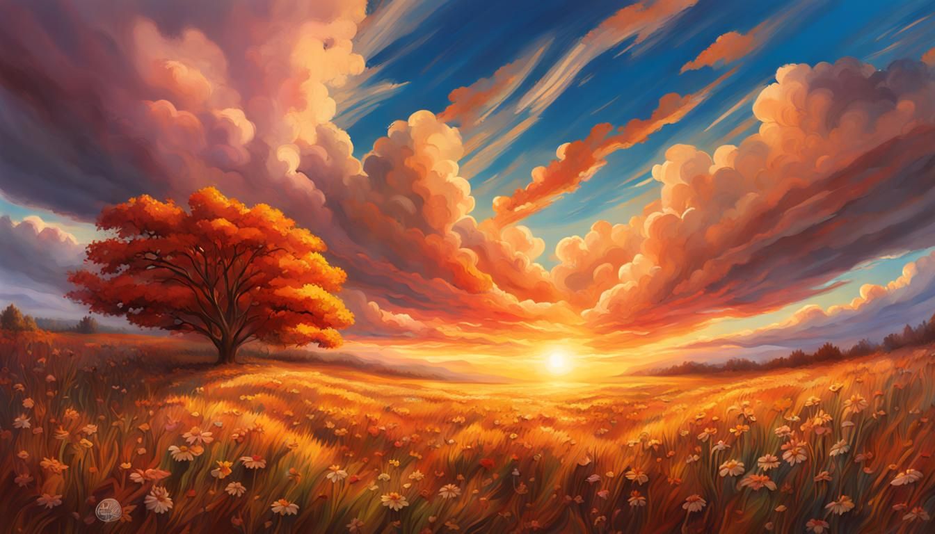 Hyperrealistic Autumn Meadow Sunset Landscape