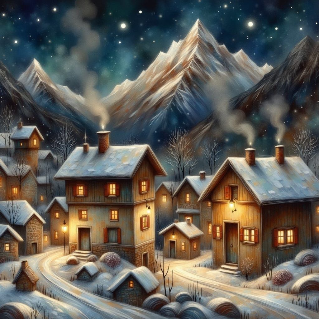 Glowing Alpine Village at Night - Oil Painting Style