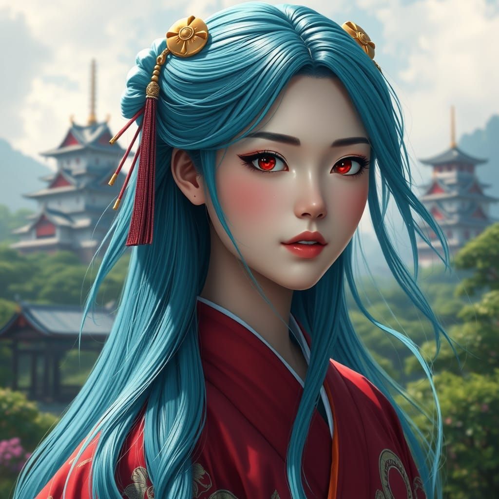 Beautiful Japanese Woman With Turquoise Hair Portrait