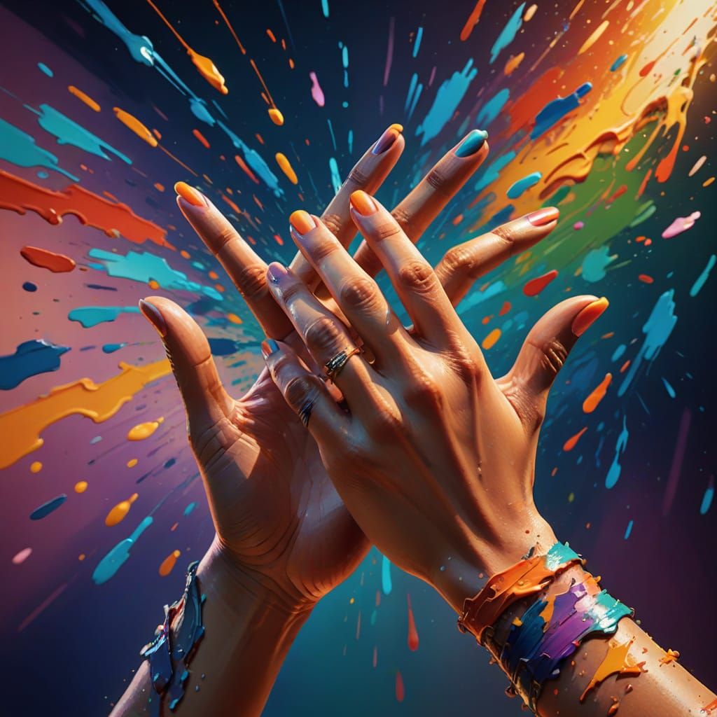 Vibrant Woman's Hand Reaches Out in Hyperrealistic Art