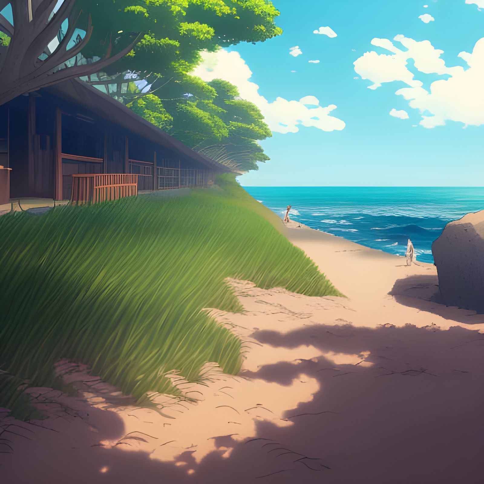 Japanese Seaside Beach in Studio Ghibli Anime Style